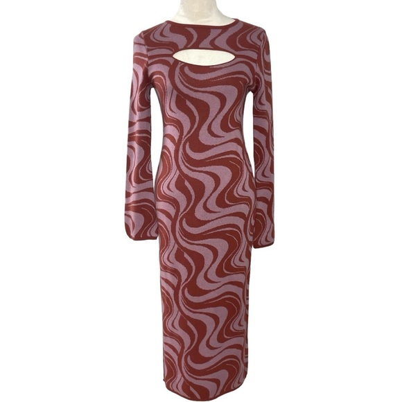 ASOS DESIGN Midi Knitted Dress with Cut Out in Swirl Pattern in Brown - Picture 1 of 7